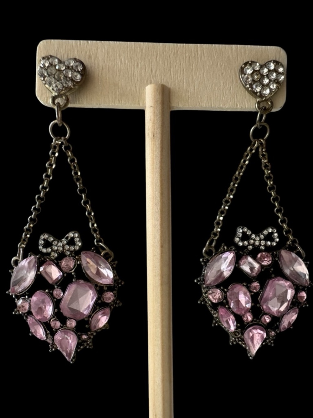 Betsy Johnson prom party heart drop earrings with bows